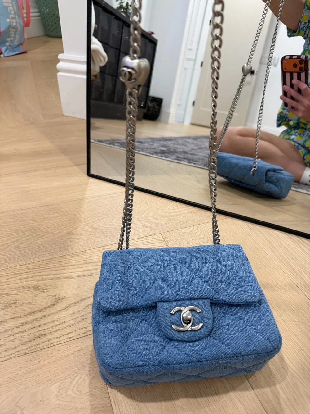 Designer Inspired Blue Quilted Mini Flap Crossbody with Silver Hardware